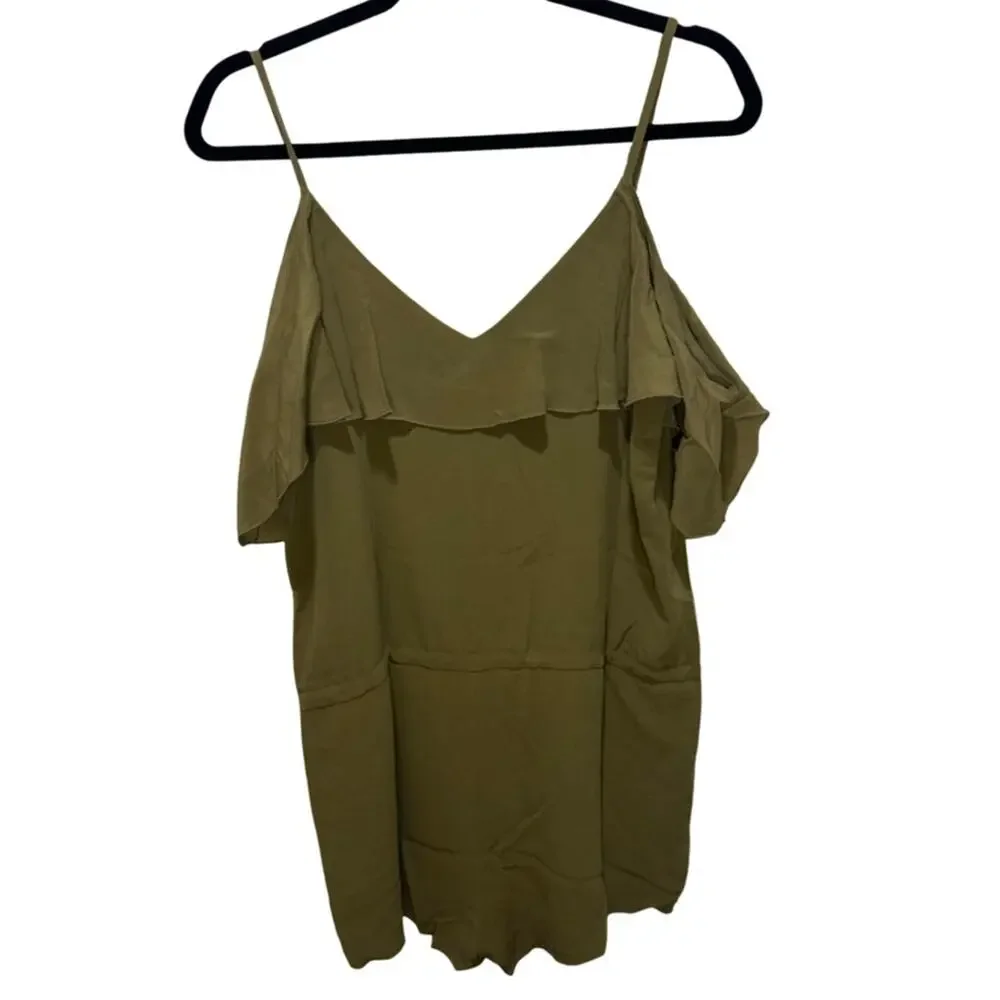 NWT Chaser Off Shoulder Silk Ruffle Romper - Olive Green Size M